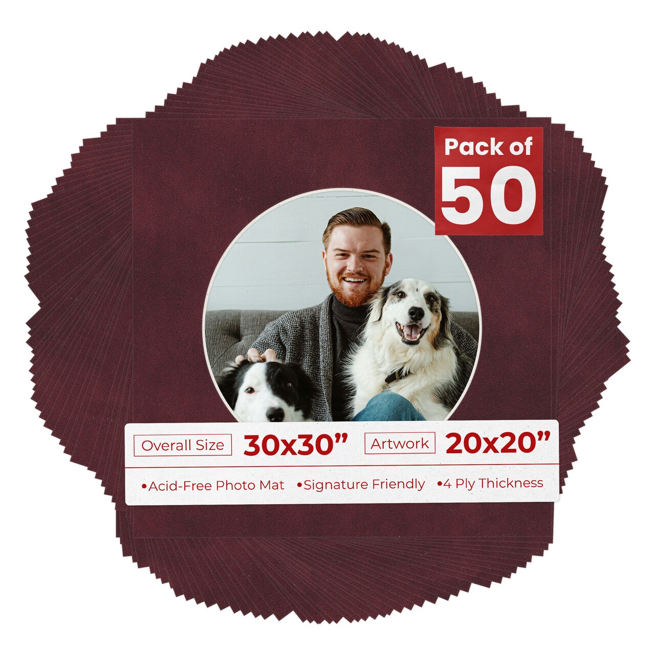 Dark Red Suede Mat Board for 30x30 Frames - Circle Opening for 20x20 Photos